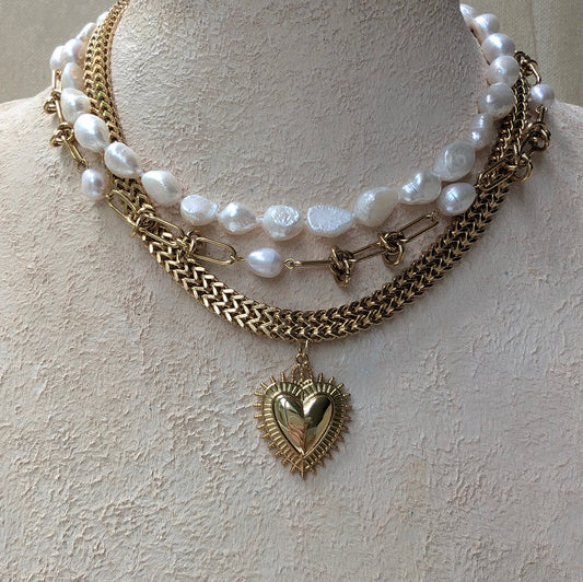 Sacred Heart Boho Chunky Gold Necklace paired with Baroque Pearl Statement Choker