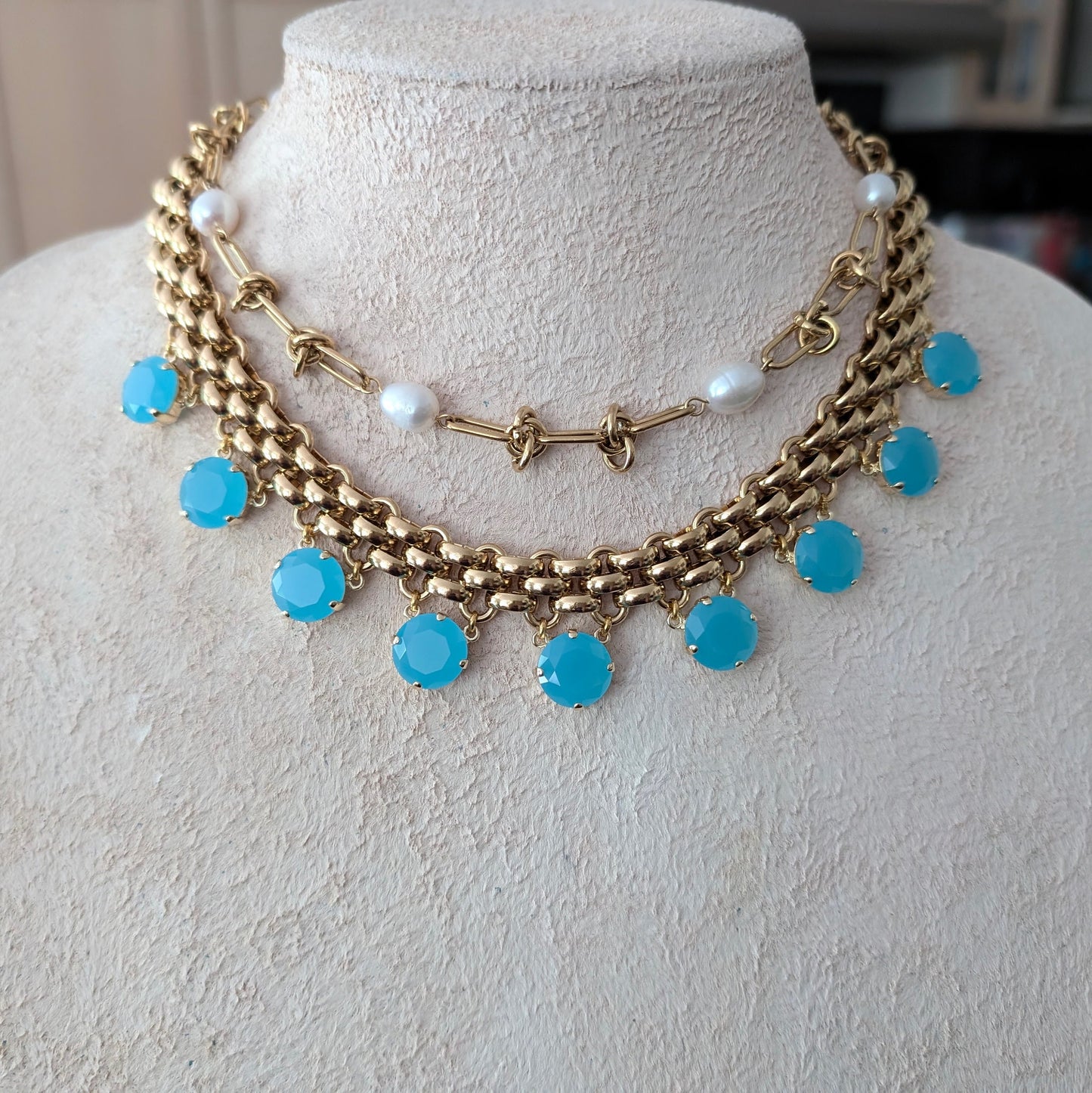 Chunky gold chain necklace with turquoise charms