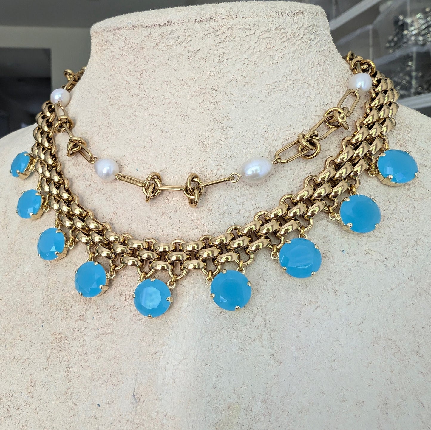 Chunky gold chain necklace with turquoise charms