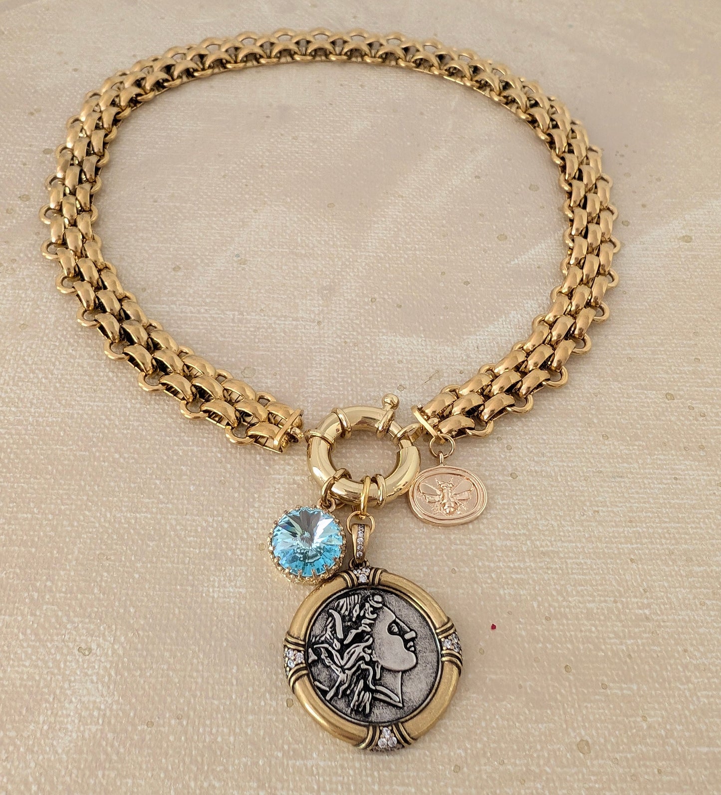 Chunky gold coin medallion choker