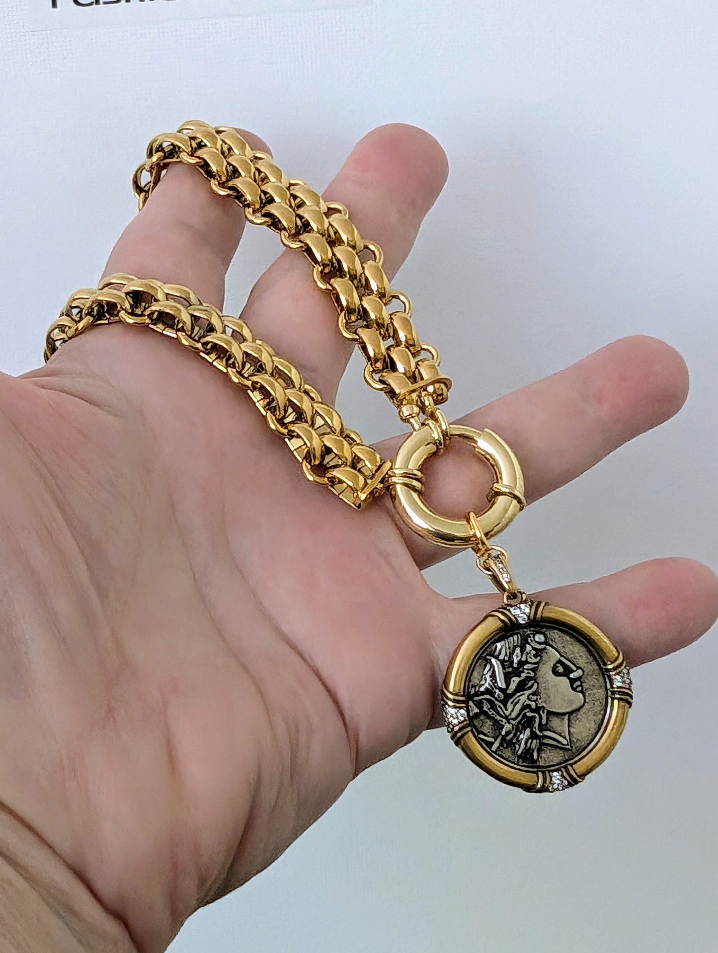 Greek Coin Pendant Necklace on Chunky Gold Chain Choker