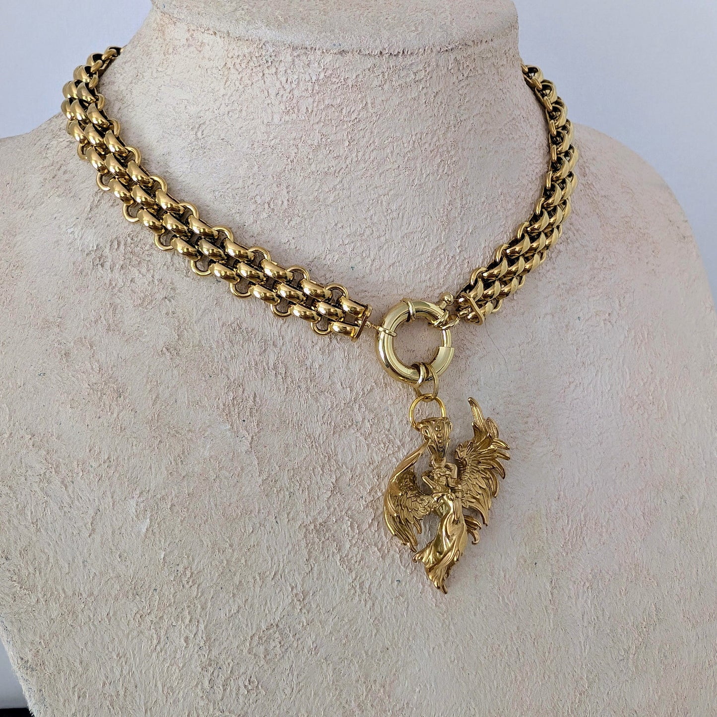 Chunky gold Chain and angel pendant choker