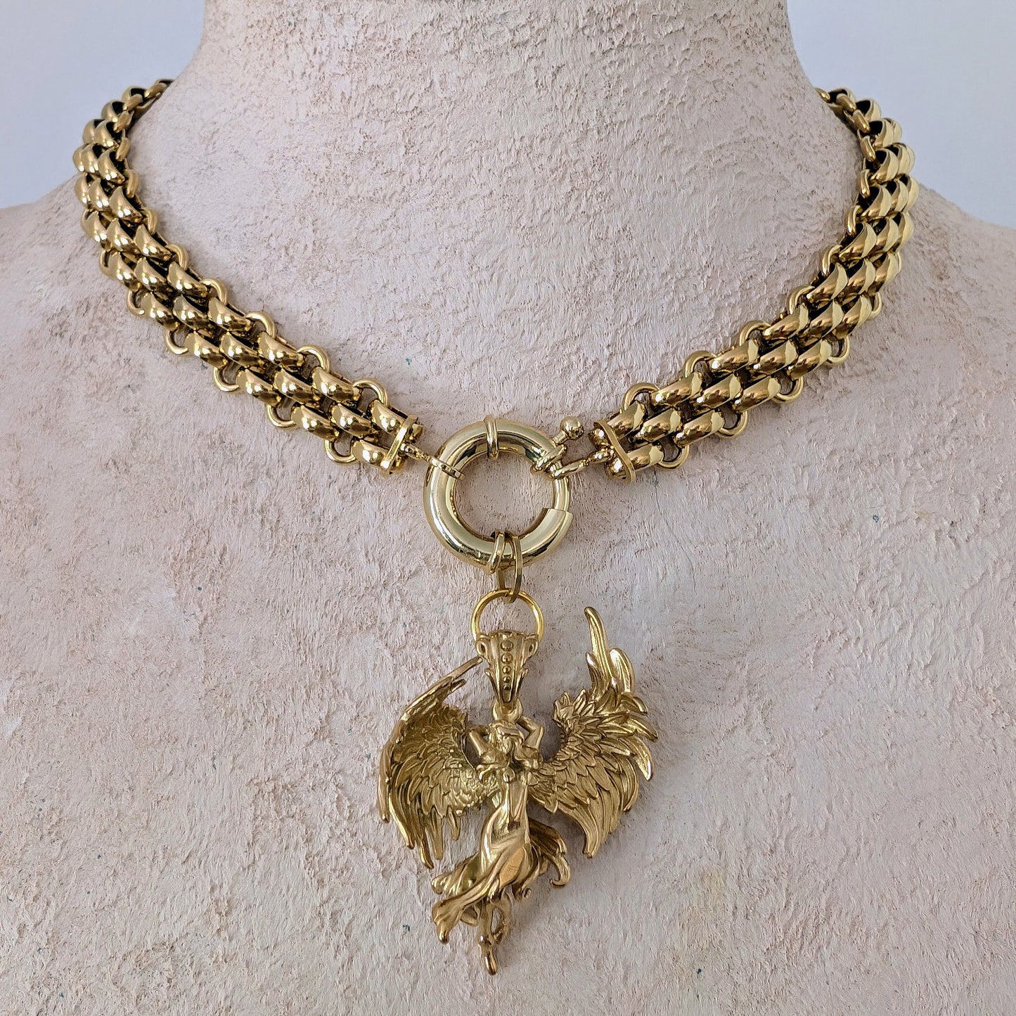 Chunky gold Chain and angel pendant choker