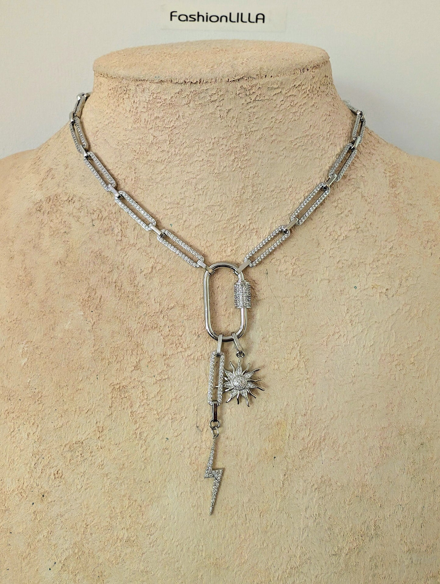 Diamond link chain carabiner clasp necklace with charms