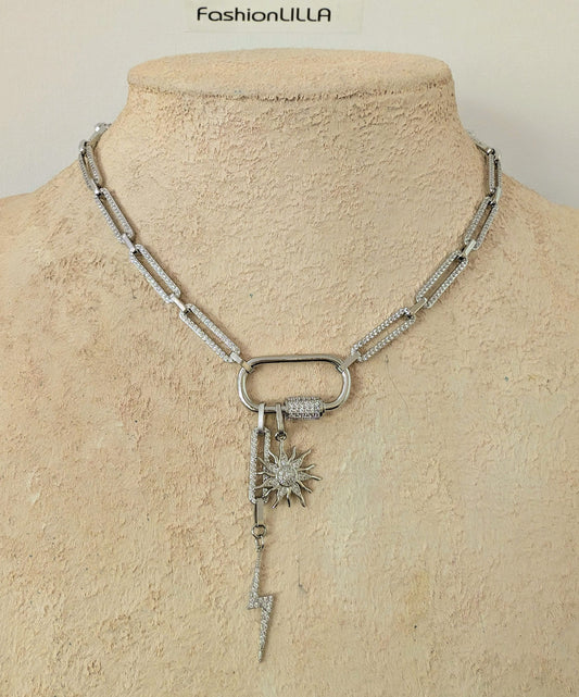 Diamond link chain carabiner clasp necklace with charms
