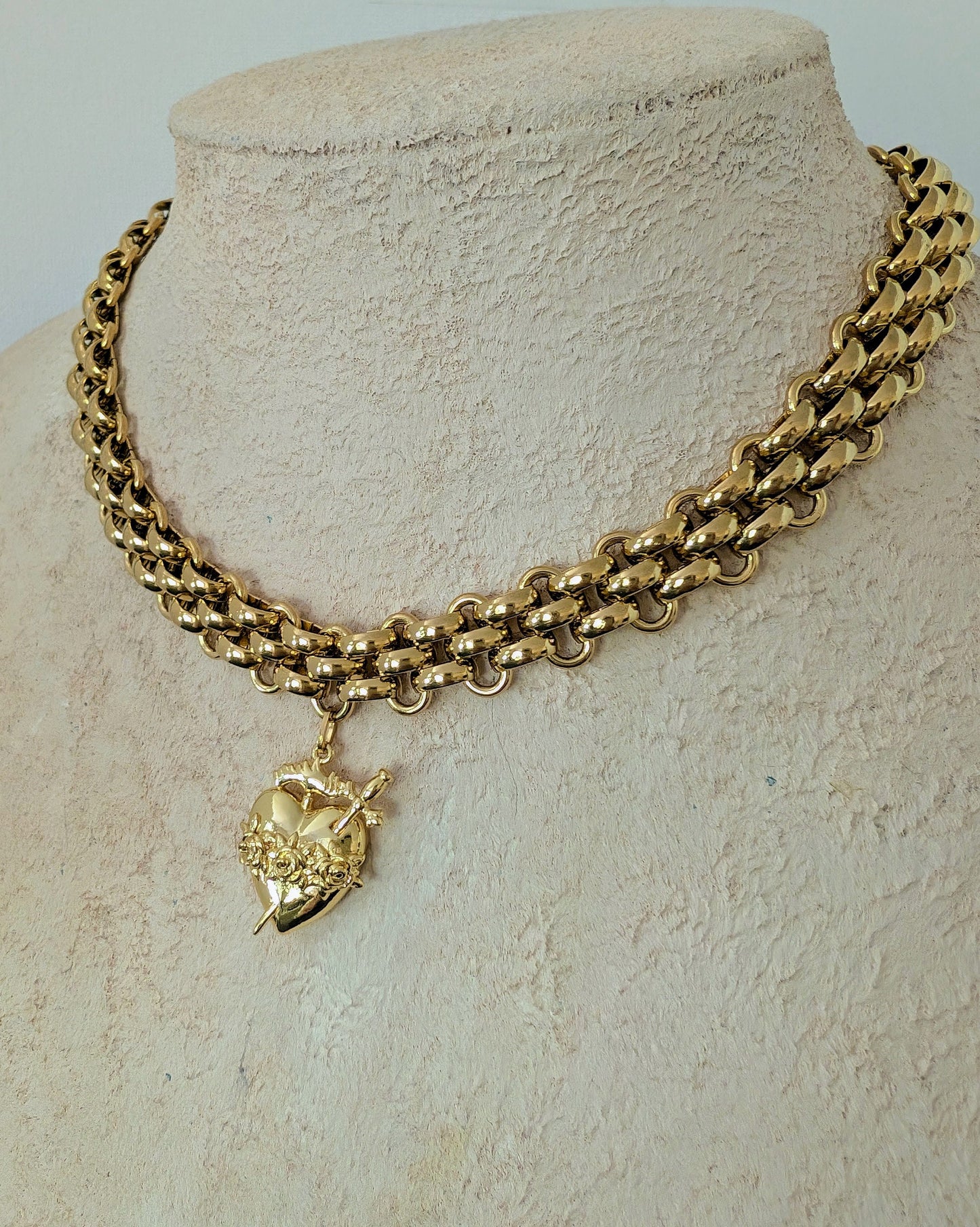 Chunky gold heart and sword necklace, thick chain sacred heart choker, immaculate heart boho statement necklace, Catholic gift for her