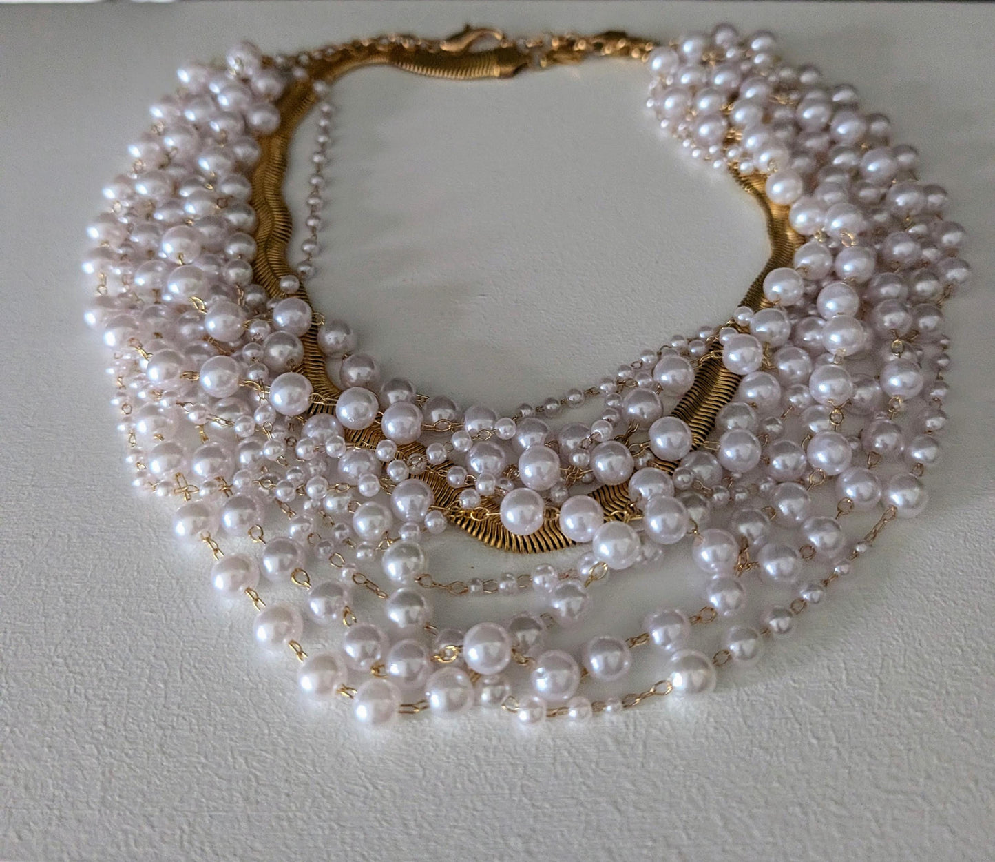 Boho pearl and gold chain layered necklace, fun necklace for women, stacked pearl choker, boho bib necklace, white and gold choker for bride