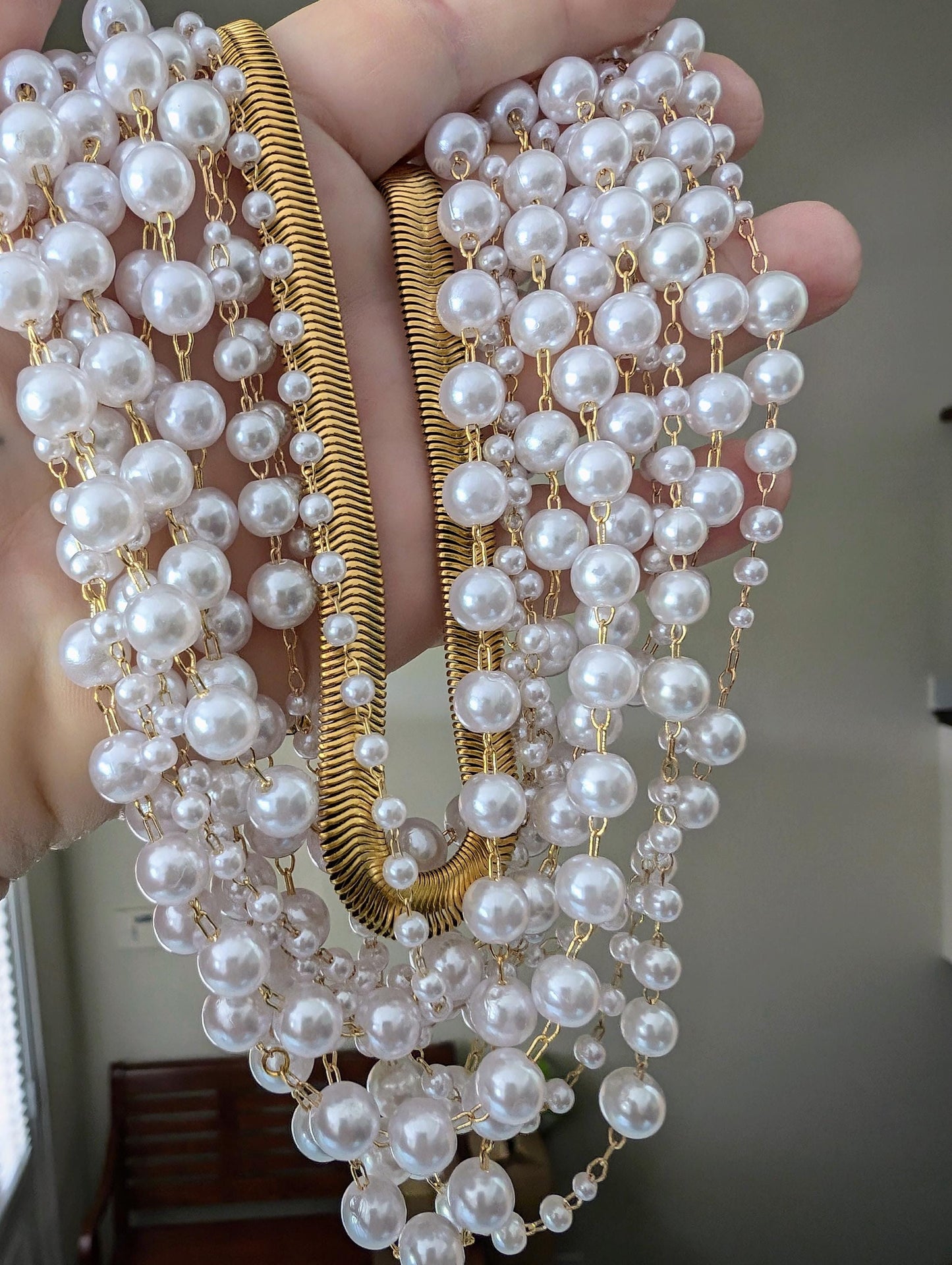 Boho pearl and gold chain layered necklace, fun necklace for women, stacked pearl choker, boho bib necklace, white and gold choker for bride