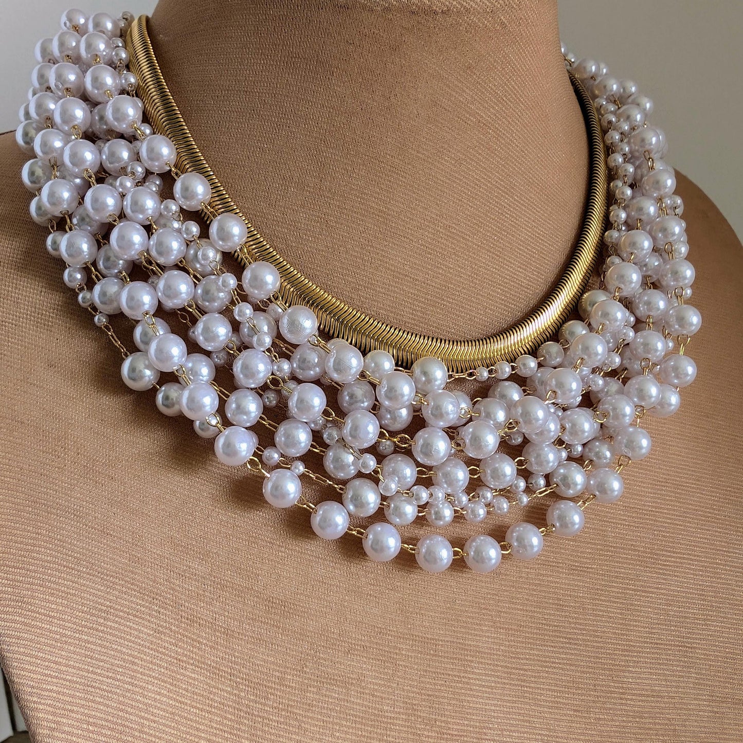 Boho pearl and gold chain layered necklace, fun necklace for women, stacked pearl choker, boho bib necklace, white and gold choker for bride