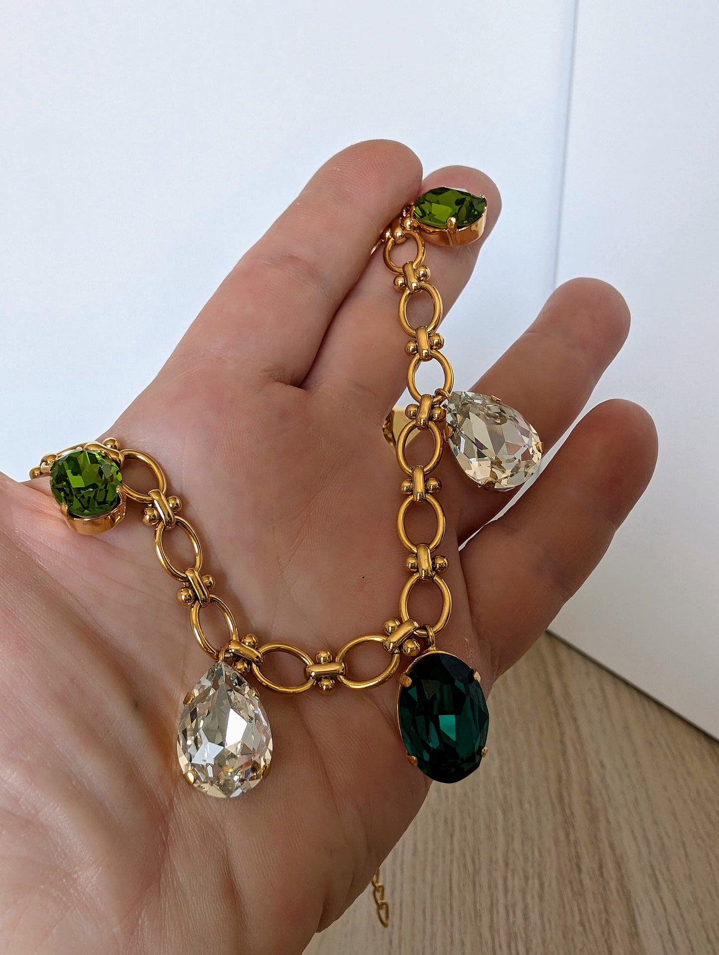Emerald and diamond teardrop pendant gold chain necklace