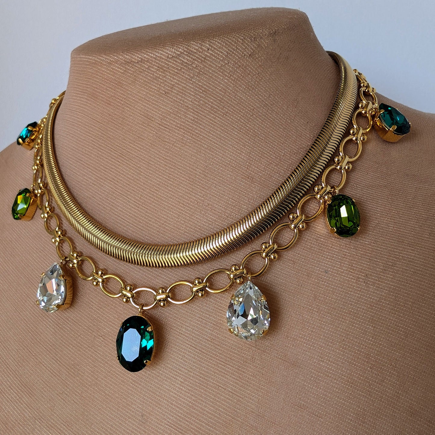 Emerald and diamond teardrop pendant gold chain necklace