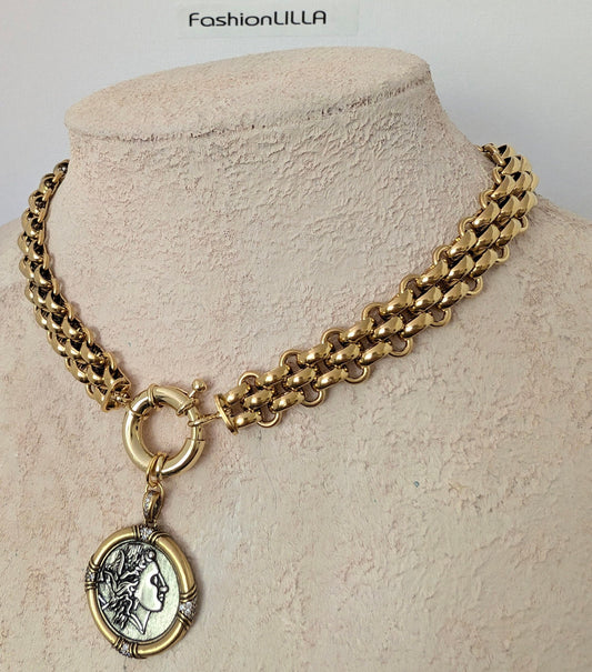Greek Coin Pendant Necklace on Chunky Gold Chain Choker