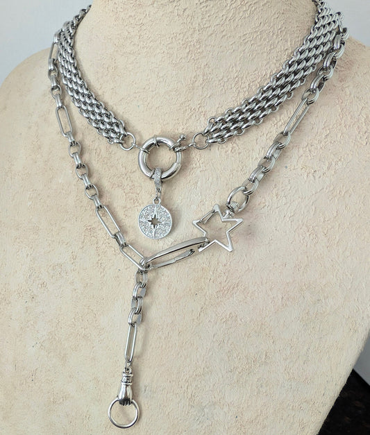 Chunky silver chain necklace, silver bold double clasp y lariat necklace, diamond coin pendant statement choker, boho chunky long necklace