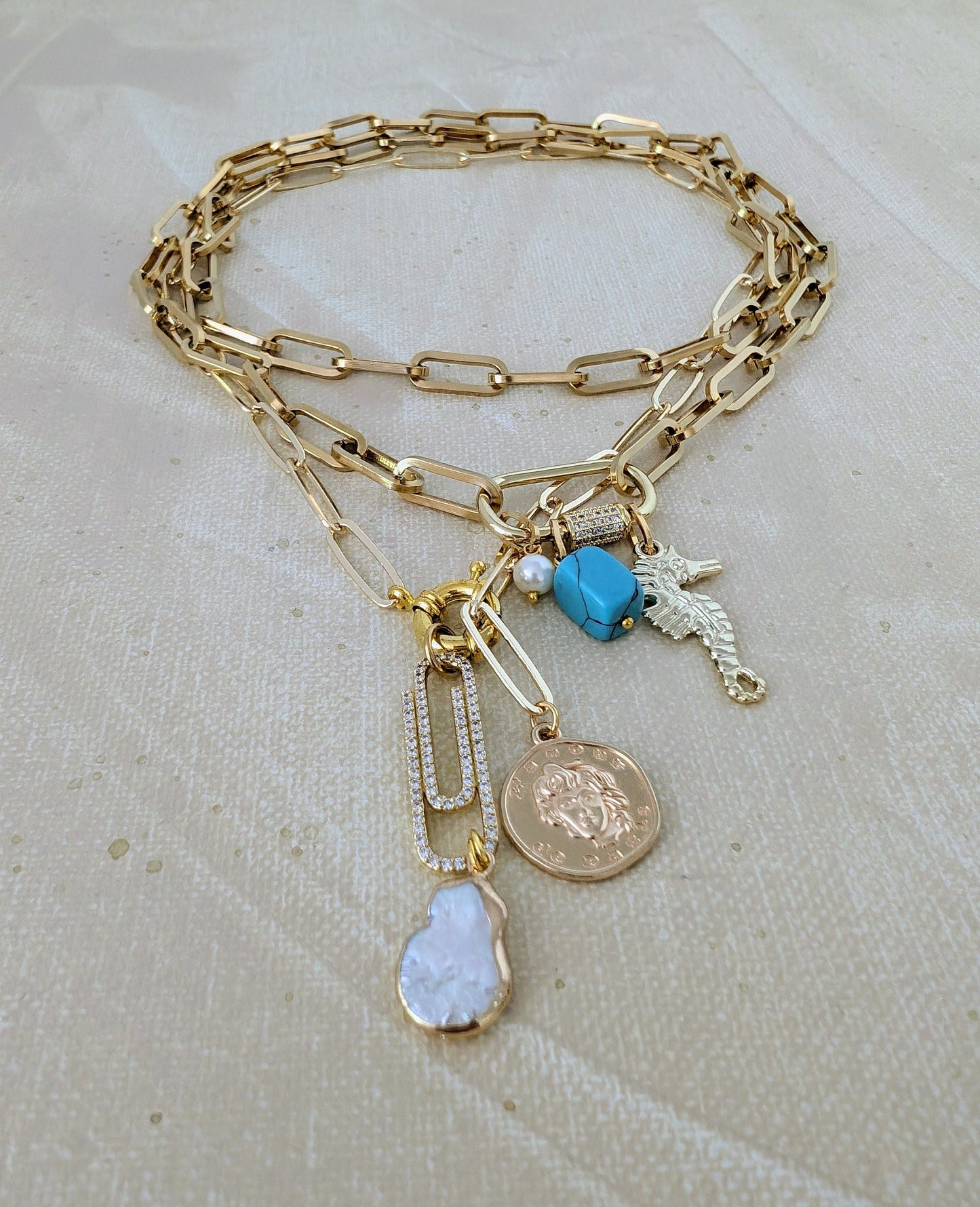 Gold paperclip chain coin charm necklace