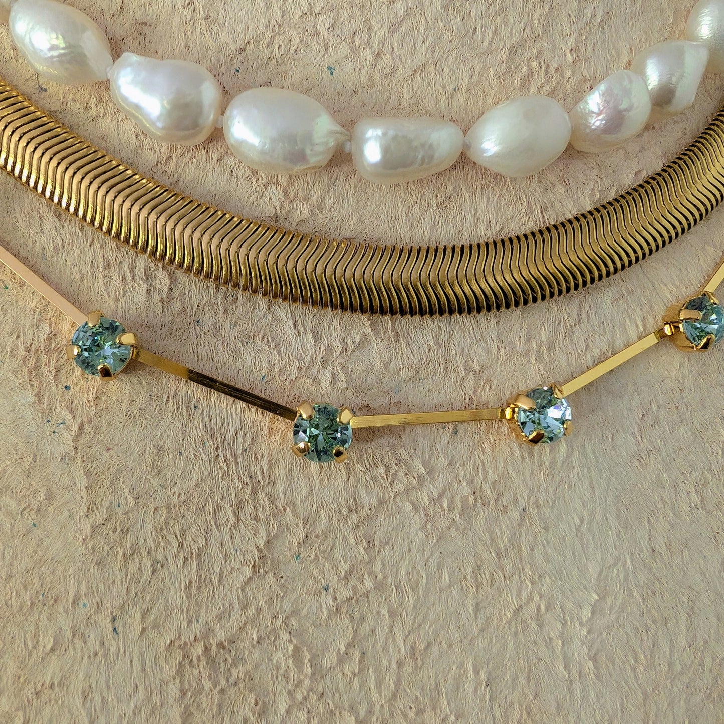 Baroque freshwater pearl choker necklace, pearl and aquamarine necklace set, 3 layer set, thick herringbone choker, dainty gold necklace