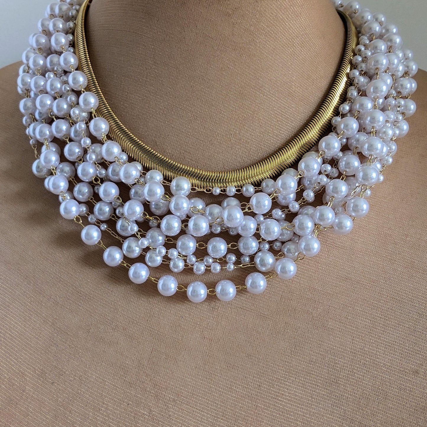 Boho pearl and gold chain layered necklace, fun necklace for women, stacked pearl choker, boho bib necklace, white and gold choker for bride