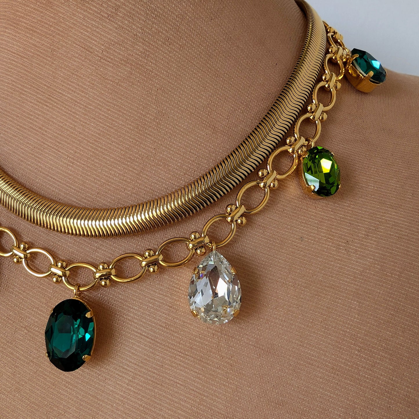 Emerald and diamond teardrop pendant gold chain necklace