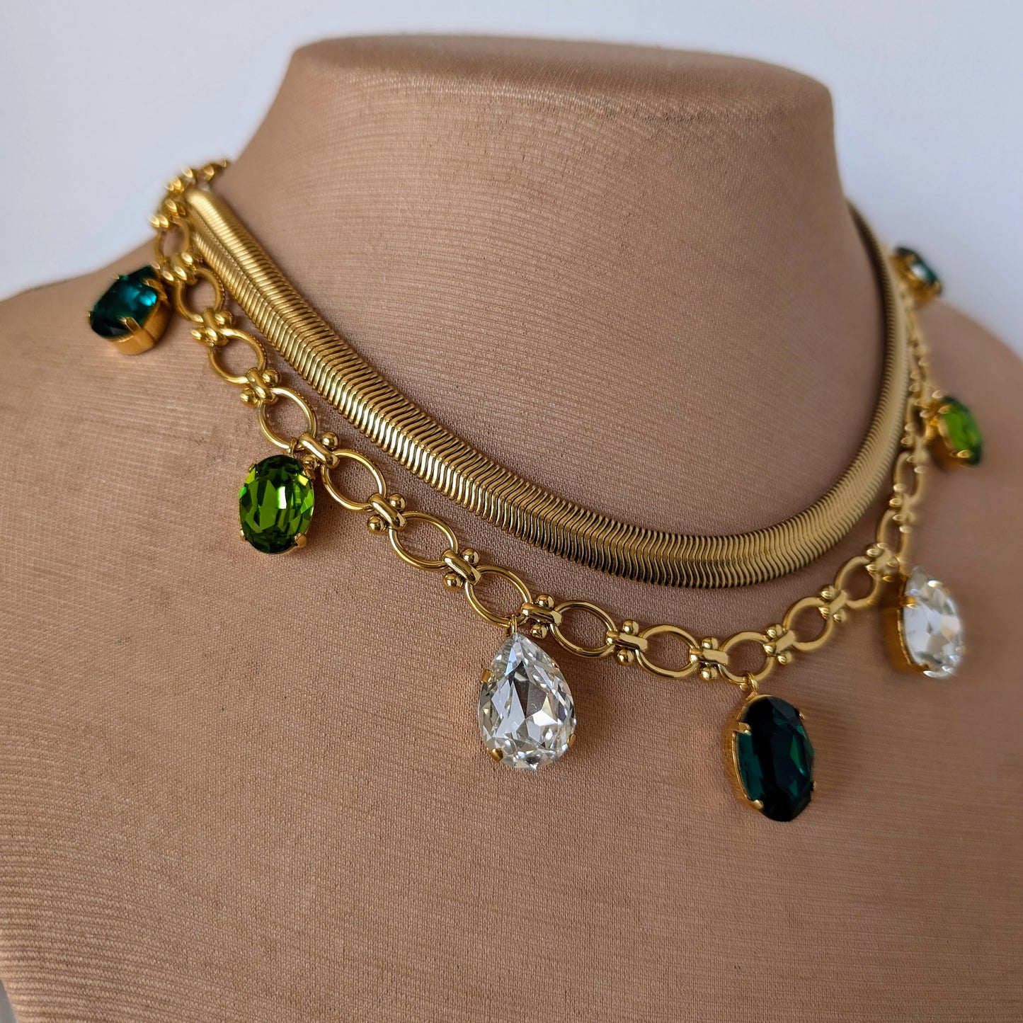 Emerald and diamond teardrop pendant gold chain necklace