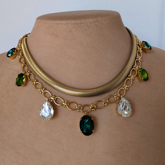 Emerald and diamond teardrop pendant gold chain necklace