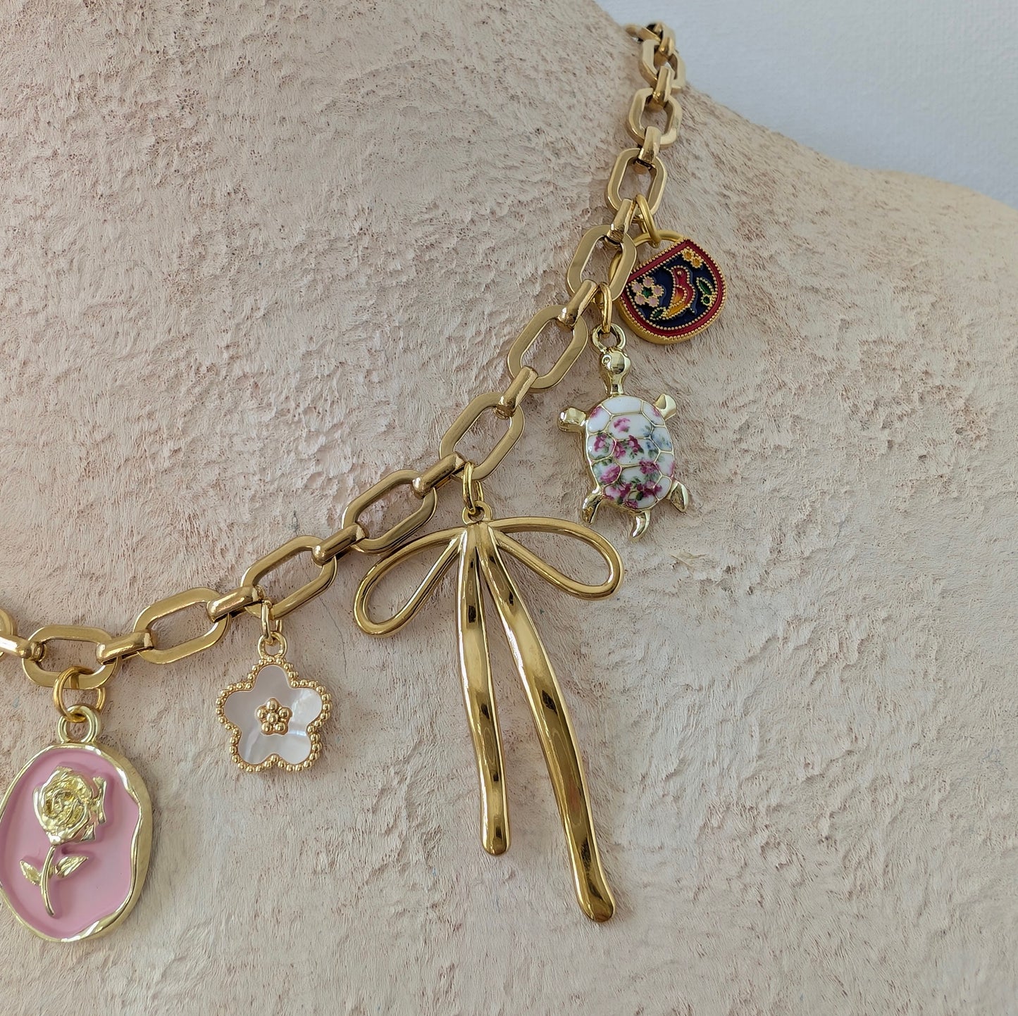 Pink Flower and Bow Charm Necklace