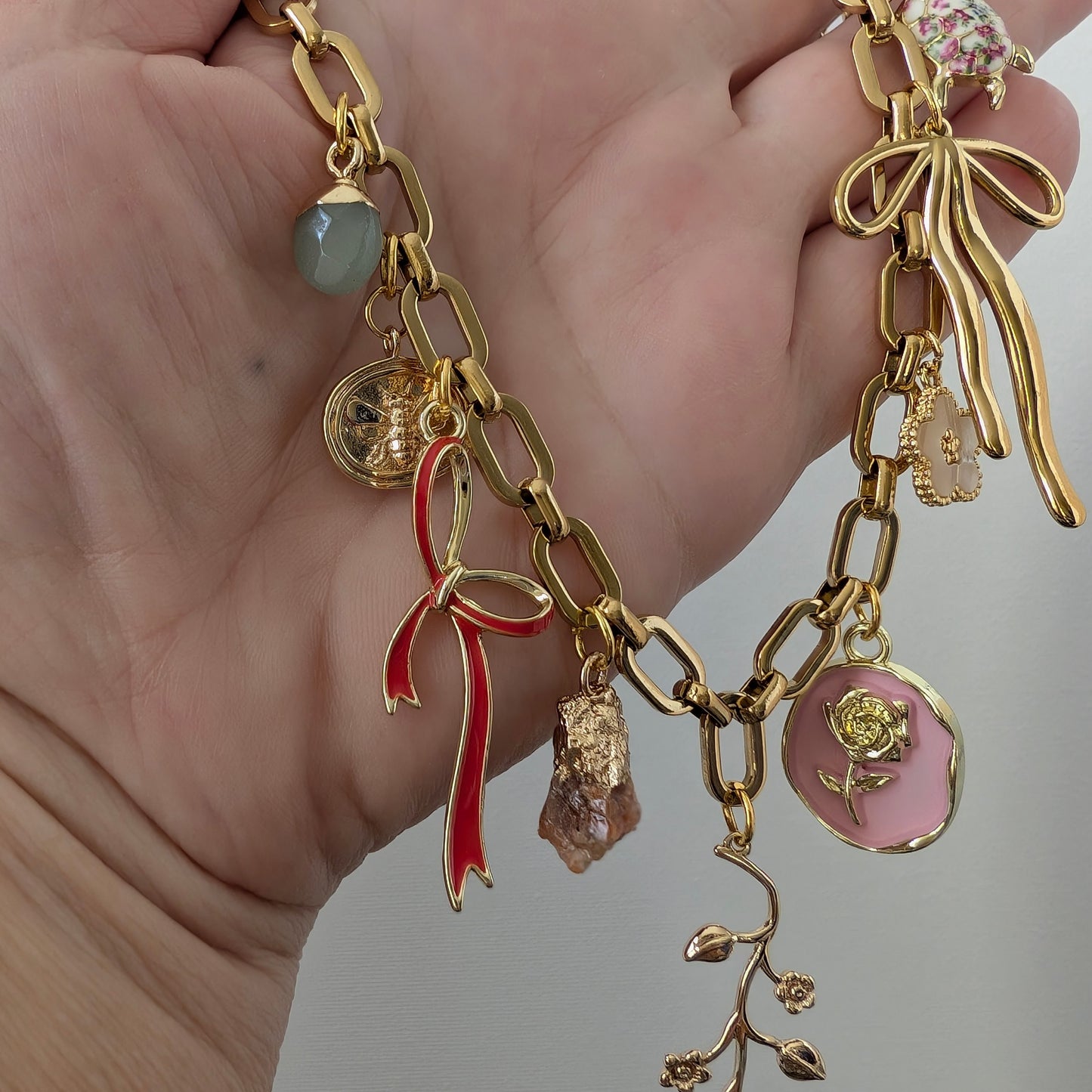 Pink Flower and Bow Charm Necklace