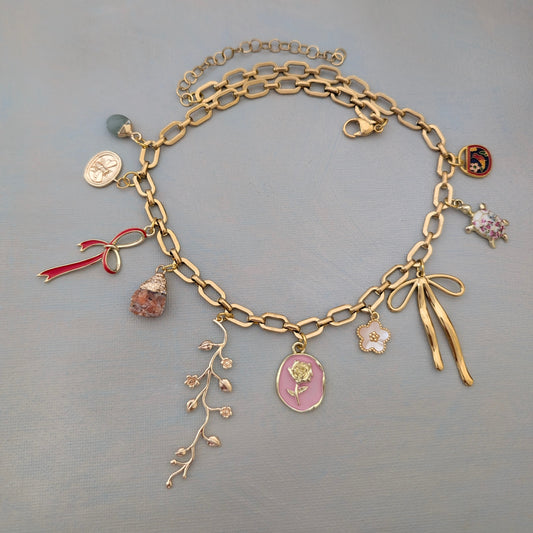 Pink Flower and Bow Charm Necklace