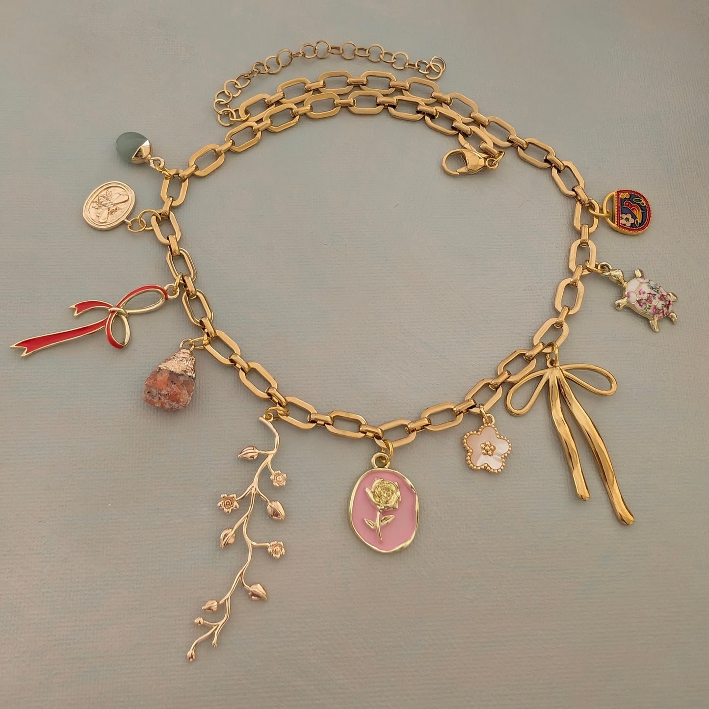 Pink Flower and Bow Charm Necklace