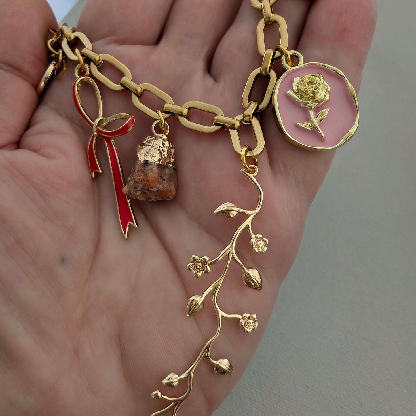 Pink Flower and Bow Charm Necklace