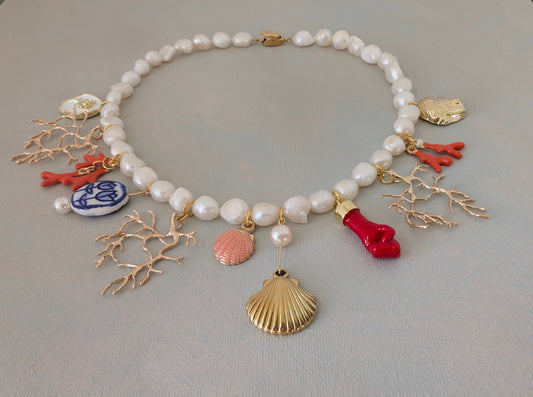 Gold and Pearl Multi Charm Necklace