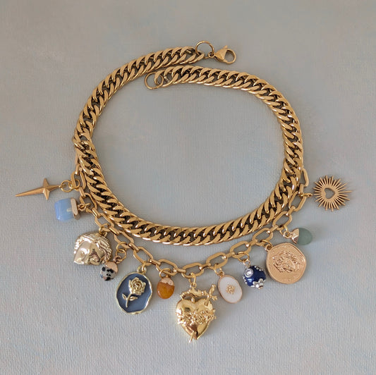 Gold Cuban Chain  Multi Charm Necklace