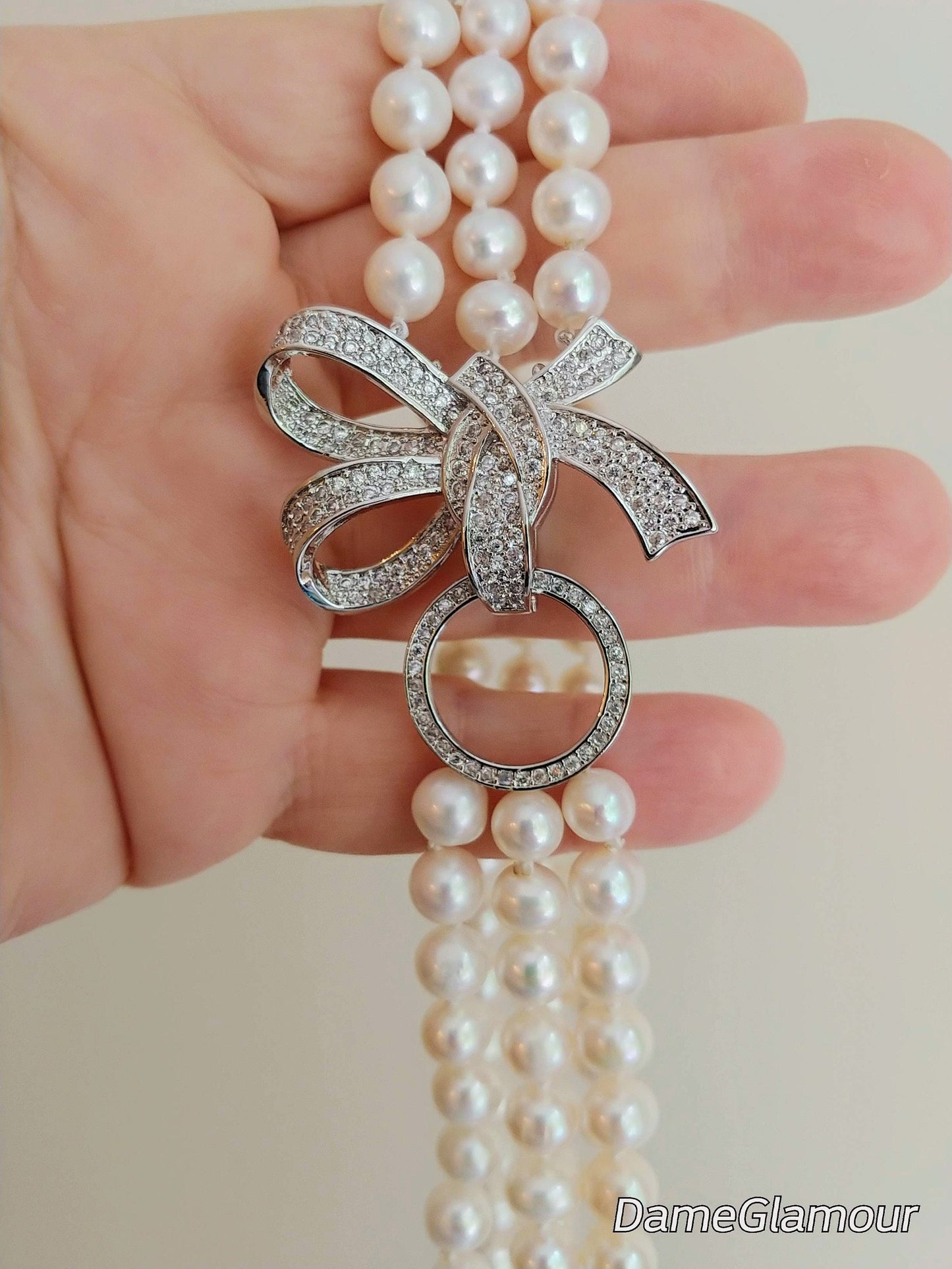 Genuine pearl necklace for women,3 strand freshwater pearl necklace,multistrand pearl with pave clasp,brooch necklace,bridal pearl necklace