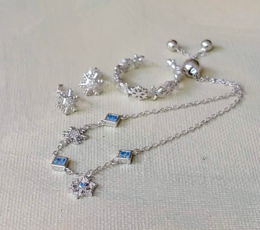 925 sterling silver bracelet,dainty bracelet earring set,s925 adjustable ring,snowflake earring,christmas gift idea,gift for her birthday