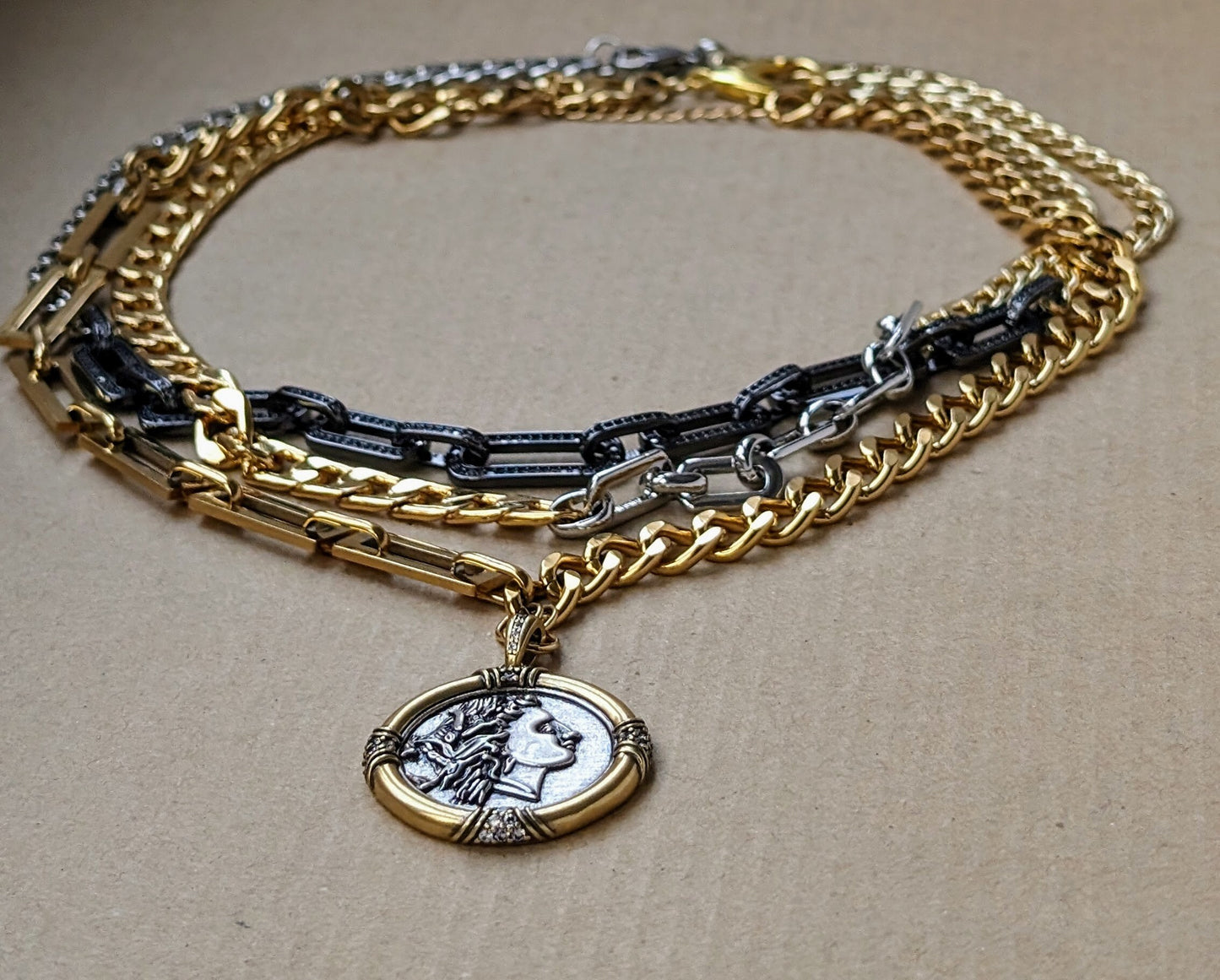 Chunky multi layer gold necklace for women, two tone ancient medallion necklace, pave black diamond choker, thick gold chain layered jewelry