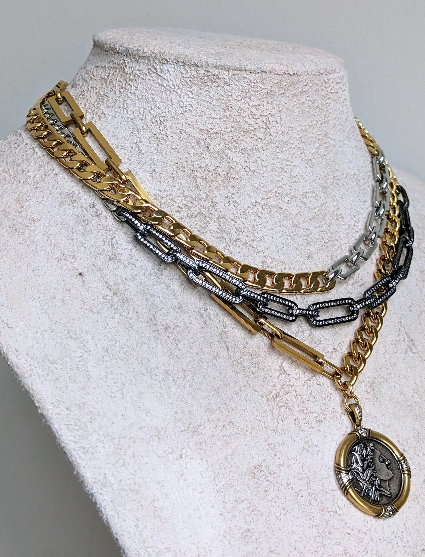 Chunky multi layer gold necklace for women, two tone ancient medallion necklace, pave black diamond choker, thick gold chain layered jewelry