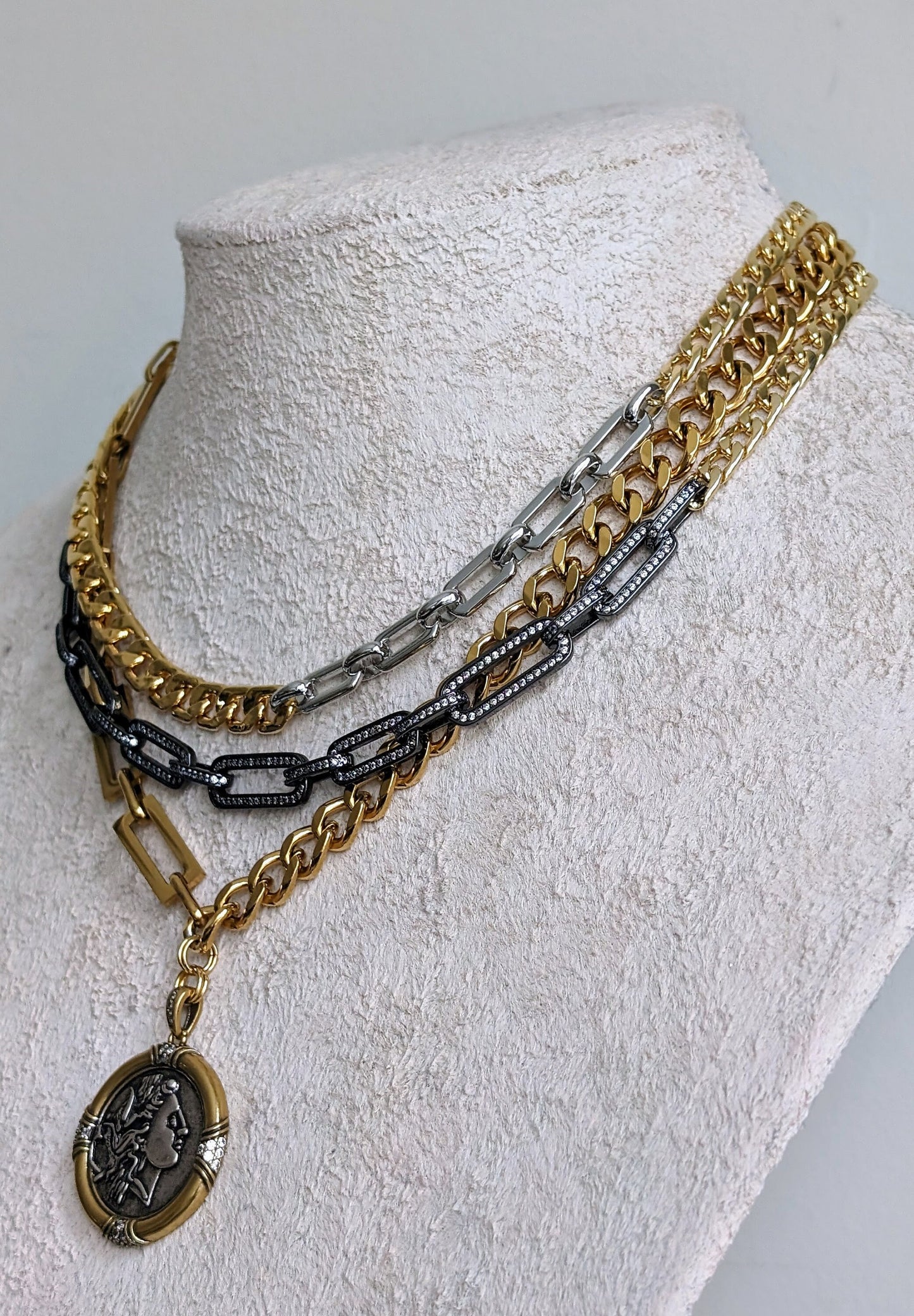 Chunky multi layer gold necklace for women, two tone ancient medallion necklace, pave black diamond choker, thick gold chain layered jewelry