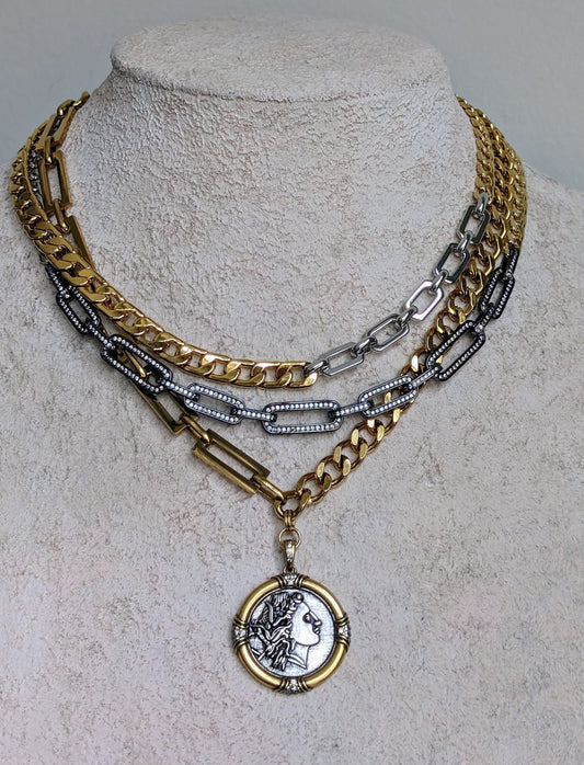 Chunky multi layer gold necklace for women, two tone ancient medallion necklace, pave black diamond choker, thick gold chain layered jewelry