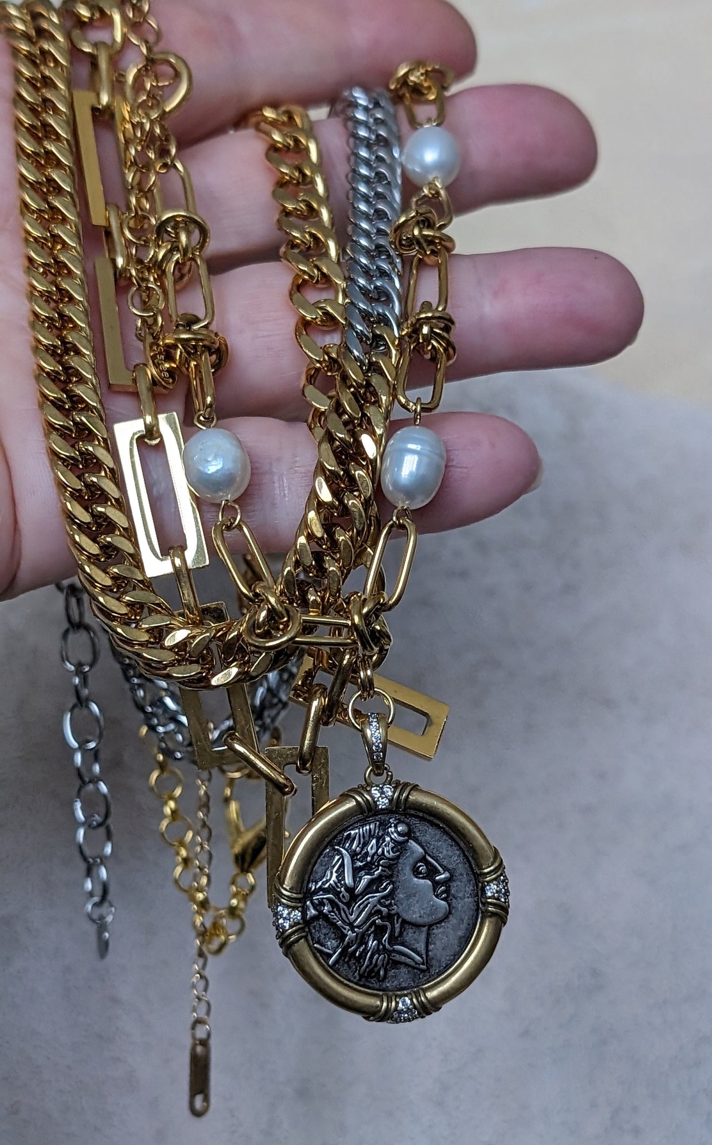 Layered chunky gold chain coin pendant necklace, knotted wire chain and pearl choker, two toned mixed metal jewelry, water resistant gift