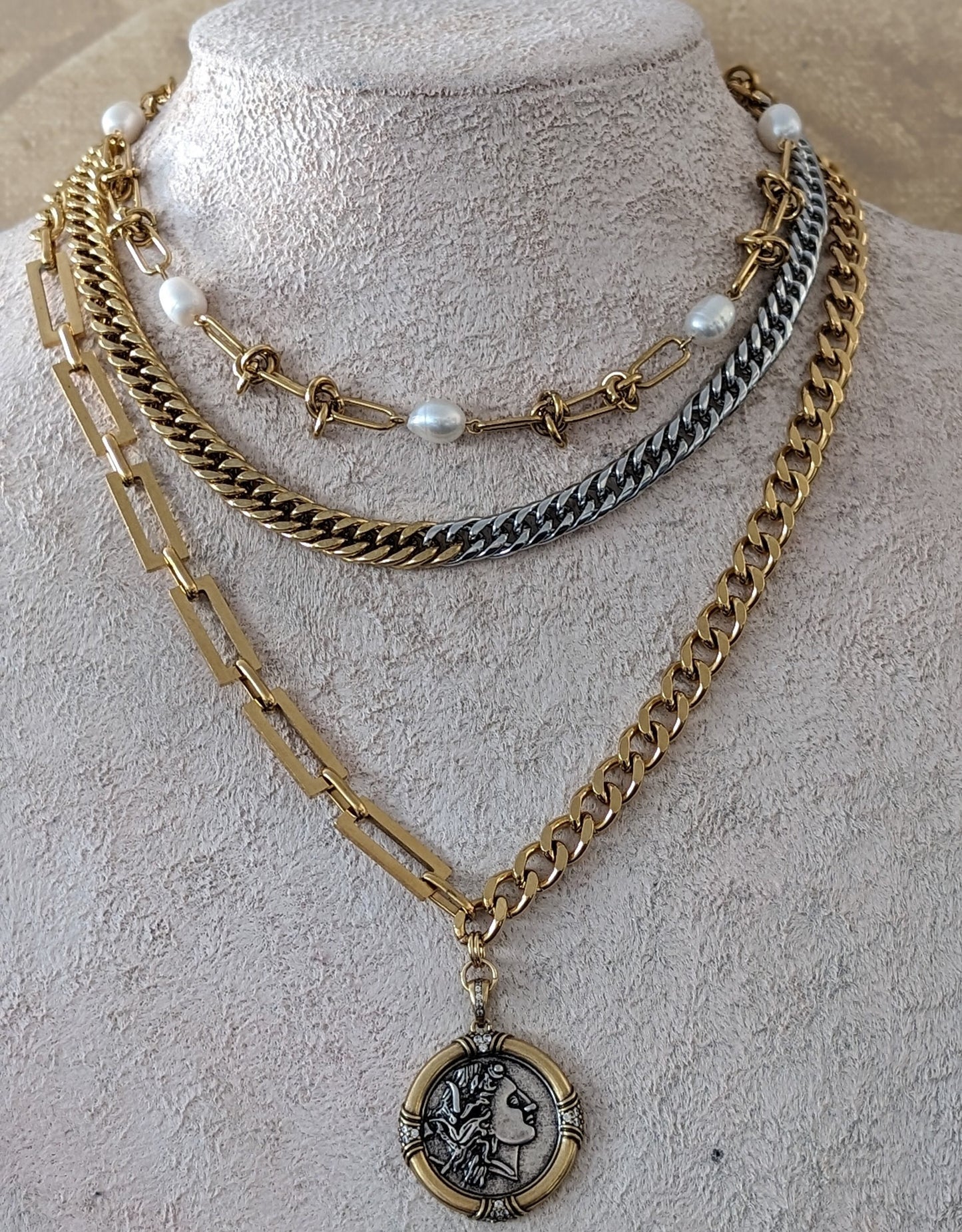Layered chunky gold chain coin pendant necklace, knotted wire chain and pearl choker, two toned mixed metal jewelry, water resistant gift