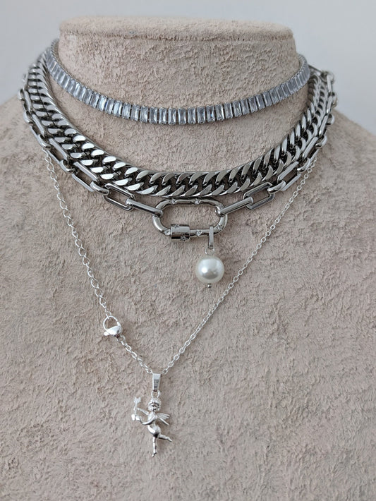 Chunky layered silver chain necklace set for women, carabiner clasp, angel pendant boho multi chain necklace, crystal and curb chain choker