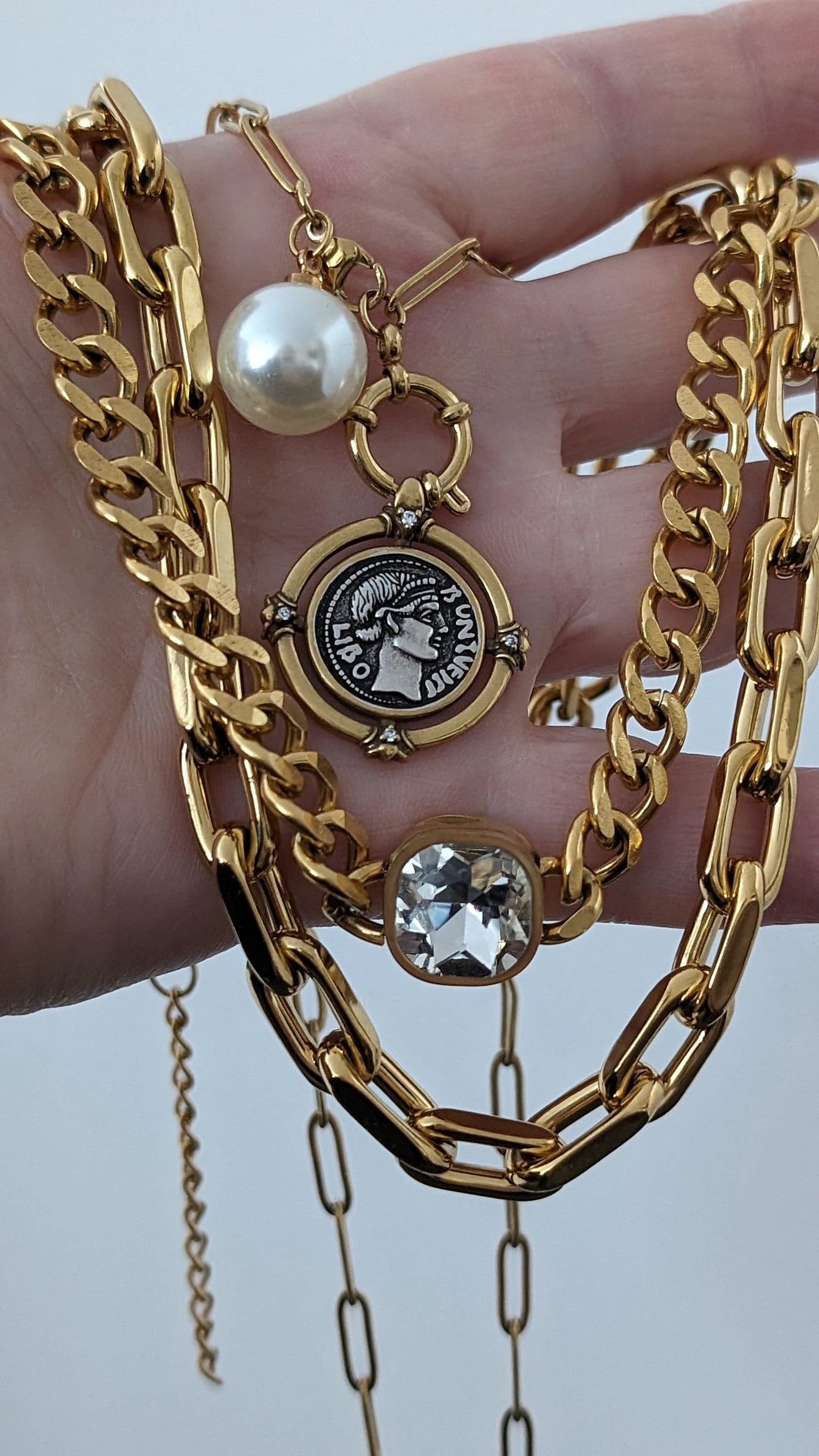 Layered chunky gold chain coin necklace set, ancient medallion paperclip necklace, curb chain diamond choker, multi strand chunky chain set