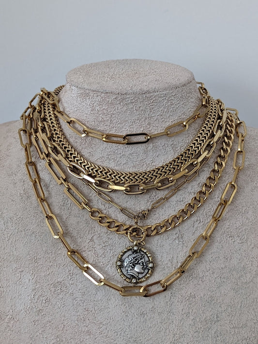 Layered chunky chain necklace, gold multi layer necklace set, boho mixed chain textured necklace, ancient coin pendant, non tarnish jewelry