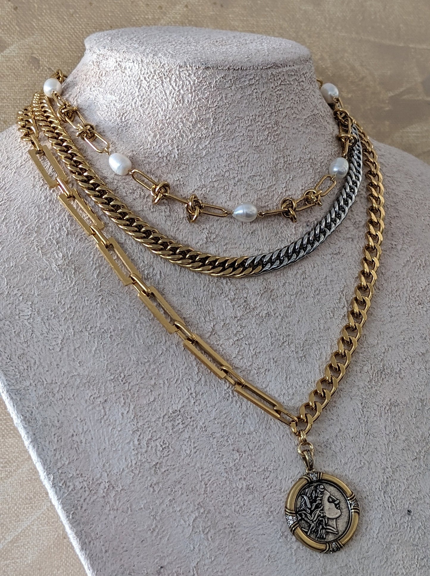Layered chunky gold chain coin pendant necklace, knotted wire chain and pearl choker, two toned mixed metal jewelry, water resistant gift