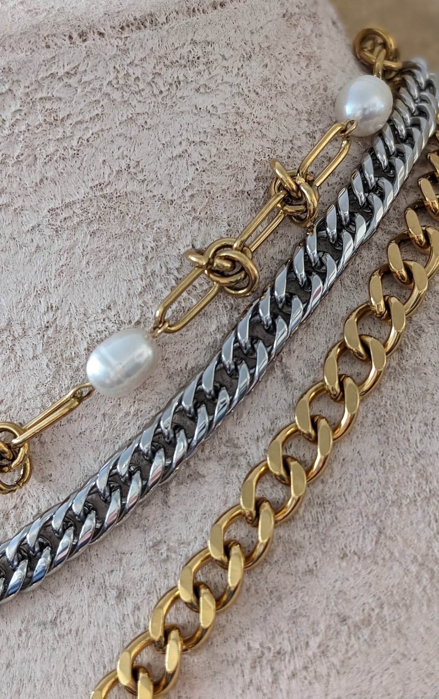 Layered chunky gold chain coin pendant necklace, knotted wire chain and pearl choker, two toned mixed metal jewelry, water resistant gift
