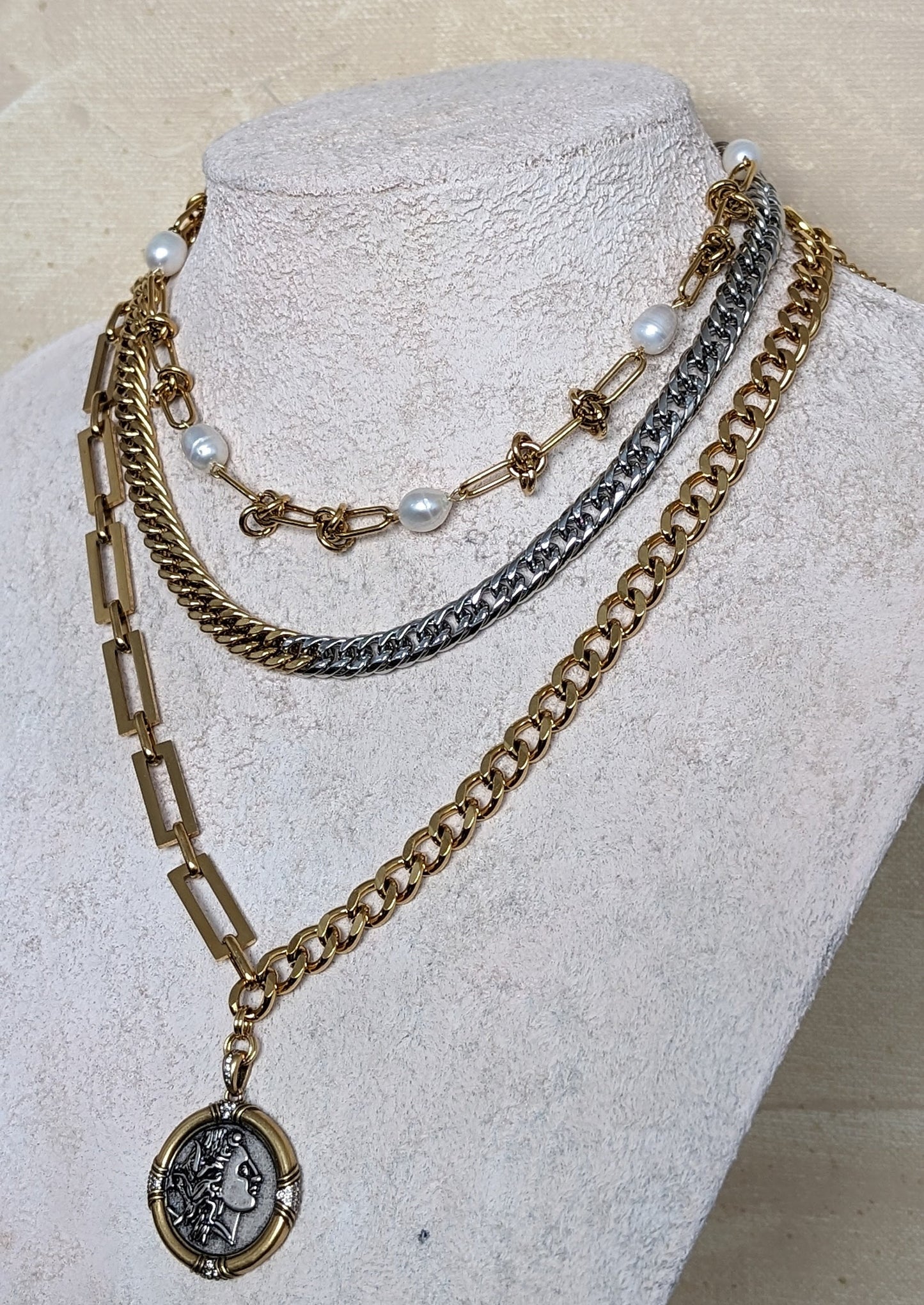 Layered chunky gold chain coin pendant necklace, knotted wire chain and pearl choker, two toned mixed metal jewelry, water resistant gift
