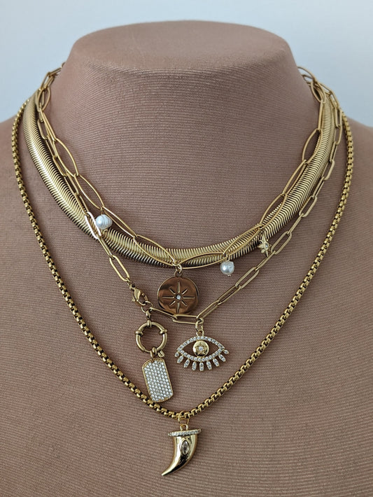 Layered mixed chain necklace, gold multi layer necklace set, boho dog tag necklace, evil eye non tarnish jewelry, box chain horn pendant