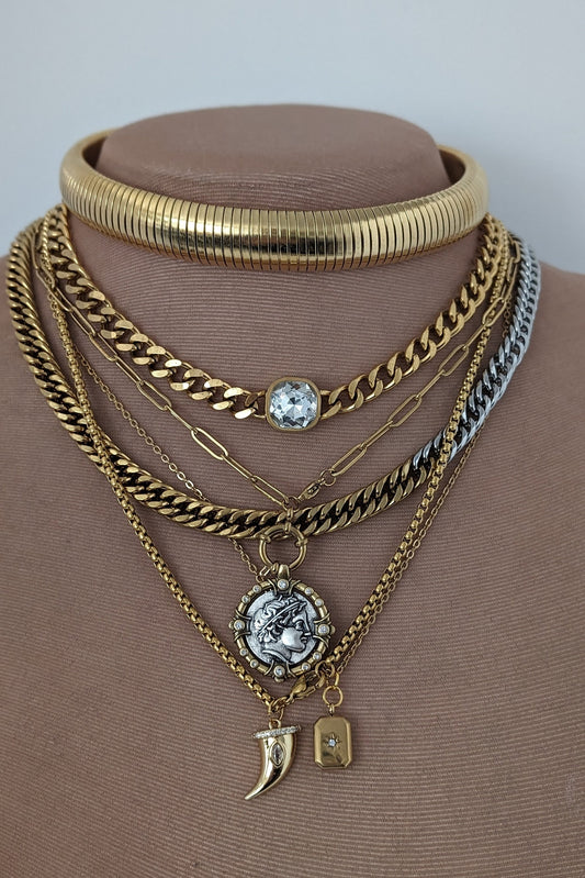 Layered mixed chain necklace set, gold multi layer necklace, mixed chain collier, ancient coin necklace, torque choker, non tarnish jewelry
