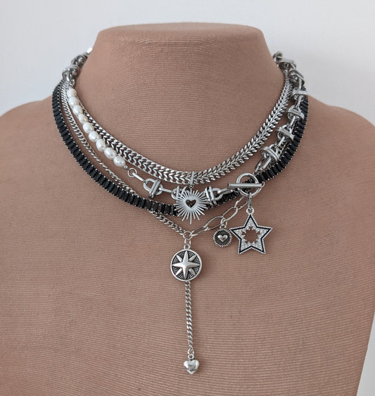 Layered chain necklace set silver, freshwater pearl toggle necklace, boho multi chain choker, black baguette choker, star and heart necklace