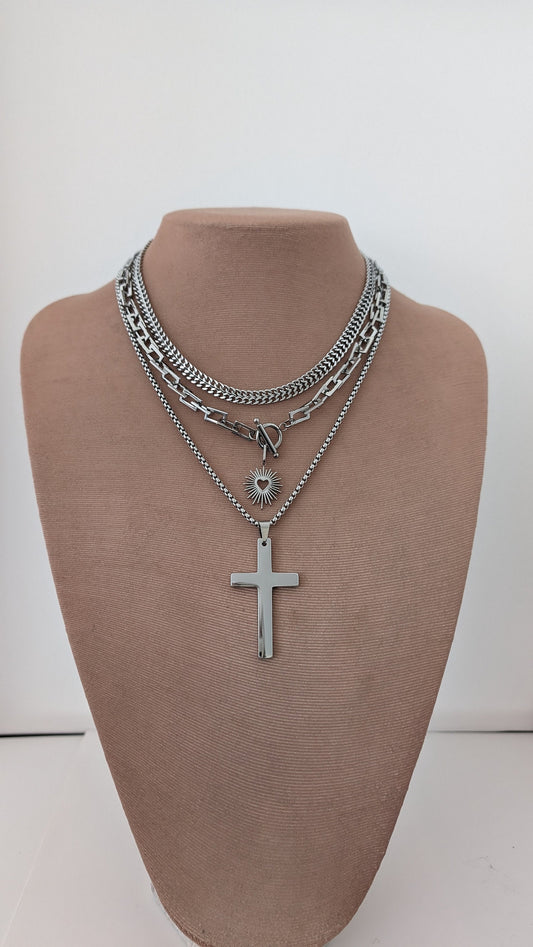Multi layer silver chunky chain necklace set, sacred heart charm,  boho stacked statement necklace, long layered cross pendant necklace