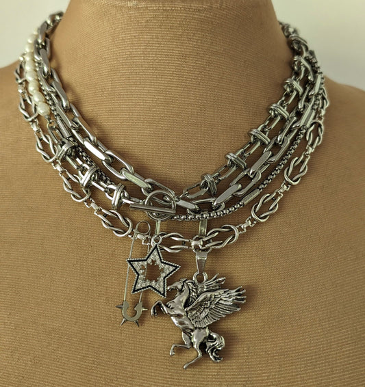 Chunky multi layer silver charm necklace for women in stainless steel,  Boho stacked pegasus pendant necklace set, edgy barbed wire choker