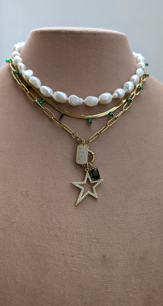 Freshwater pearl and gold multi layer minimalist necklace, boho paperclip 14K gold plated star necklace for women, mixed gold chain jewelry